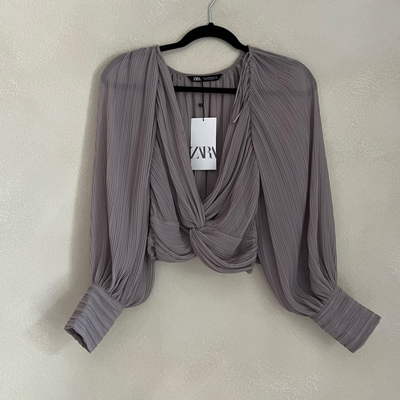 Zara Grey Taupe Pleated Crop Top - Picture 4 of 7